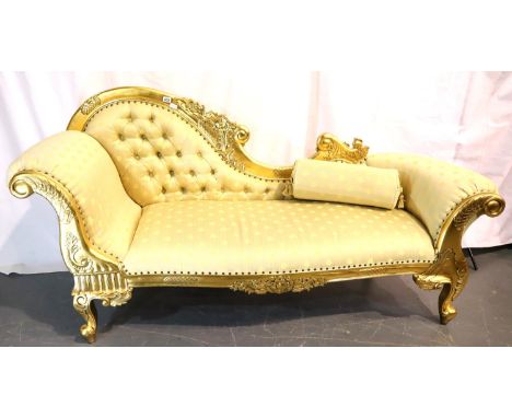 A modern Rococo style chaise lounge with gilt carved frame, 207 x 70 x 103H cm.  Not available for in-house P&amp;P, contact 