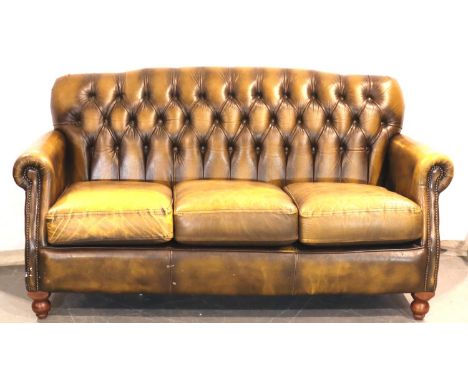 Brown leather buttoned back Chesterfield style sofa on tulip feet, 185 x 75 cm. Not available for in-house P&amp;P, contact P