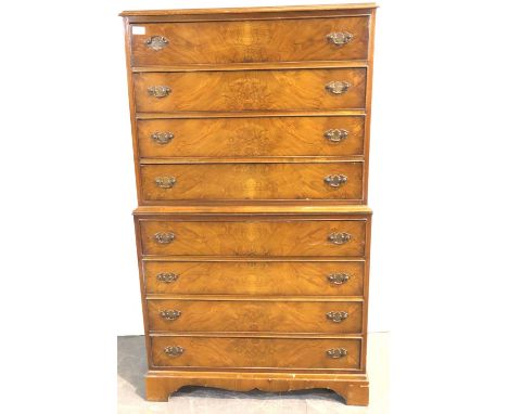 20th century walnut chest-on-chest of four over four drawers with brass handles, 84 x 46 x 136H cm. Not available for in-hous