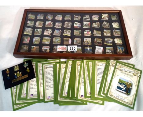 Last of the Summer Wine display case of fifty enamel pin badges with certificates and six others. P&amp;P Group 2 (£18+VAT fo
