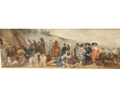 George Cattermole RWS (1800-1868) framed watercolour of a figural group including a 17thC cavalier, picture: 32 x 11 cm, fram