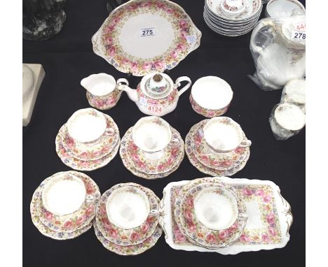 Six Royal Albert Serena pattern trios; tea pot, milk jug, sugar bowl and two cake plates. P&P Group 3 (£25+VAT for the first 