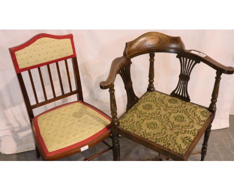 Inlaid walnut corner chair with upholstered seat, and another. Not available for in-house P&amp;P, contact Paul O'Hea at Mail