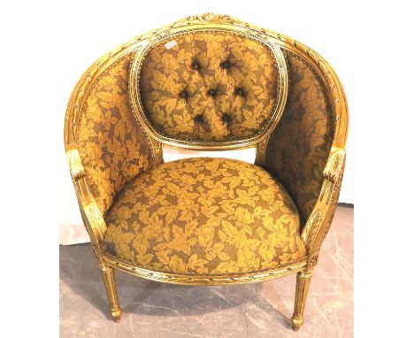 Carved giltwood French Roccoco style upholstered lounge chair. Not available for in-house P&amp;P, contact Paul O'Hea at Mail