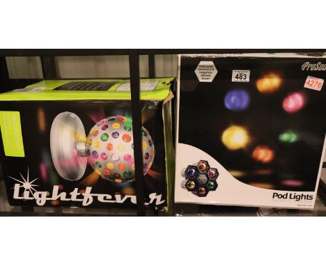 Prosound boxed pod lights and a boxed Light Fever 10" disco ball. P&amp;P Group 3 (£25+VAT for the first lot and £5+VAT for s