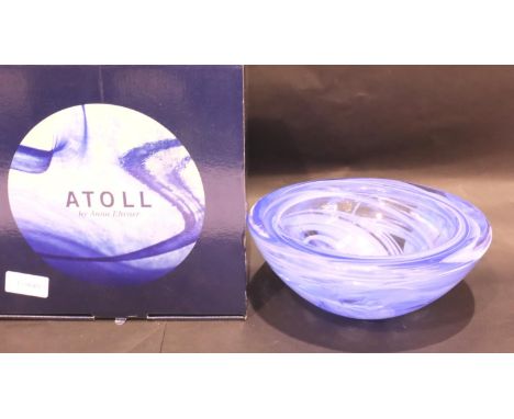 Anna Ehrner for Kosta Boda, a substantial Atoll glass centre bowl in blue, D: 22 cm, boxed. P&P Group 3 (£25+VAT for the firs