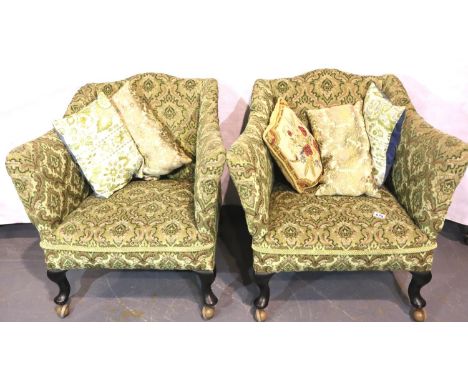 A pair of upholstered parlour chairs on cabriole supports. Not available for in-house P&amp;P, contact Paul O'Hea at Mailboxe