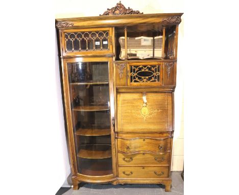 Good Edwardian combination inlaid display cabinet with bow glazed door, serpentine chest and fitted fall front bureau, 106 x 