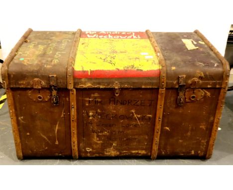 Large wood and canvas bound steamer trunk, 110 x 63 x 60 cm. Not available for in-house P&amp;P, contact Paul O'Hea at Mailbo