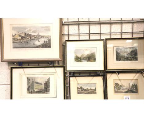 Six framed antiquarian hand coloured engravings, largest 27 x 15 cm, including River Dee at Chester. P&amp;P Group 3 (£25+VAT