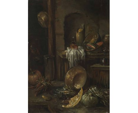 Willem Kalf(Rotterdam 1619–1693 Amsterdam)NachfolgerKüchenstillleben. Öl auf Holz. Unten links auf dem Balken bezeichnet K...