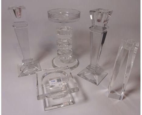 Pair of glass candlesticks, Rosenthal candle holder, signed candlestick and one other (5) Condition Report Click here for fur