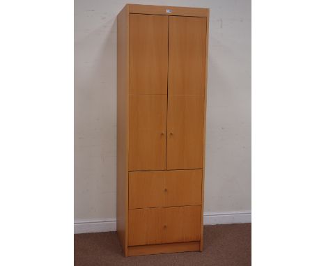 Light wood narrow wardrobe with two doors above two drawers, W63cm, D60cm, H195cm