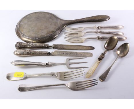 Two silver forks and spoons hallmarked approx 4oz and various flatware with hallmarked silver handles and a mirror Condition 