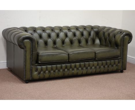 Saxon three seat Chesterfield sofa upholstered in green studded leather, W188cm Condition Report Click here for further image