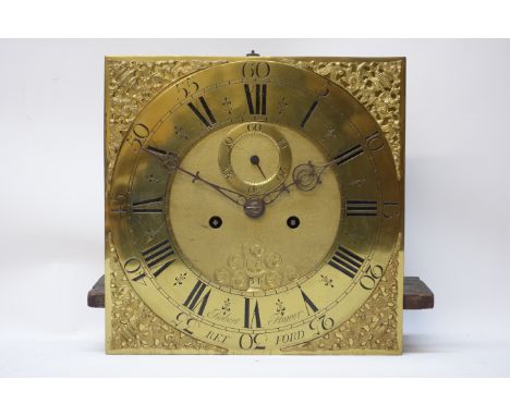 18th century oak longcase clock case, glazed hood, inlaid with ebony, (aperture - 30cm x 29.5cm) with an 18th century brass d