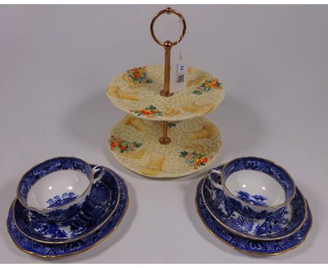 Clarice Cliff Newport pottery 'Celtic Harvest' cake stand and two 19th Century Worcester Grainger trios  Condition Report Cli