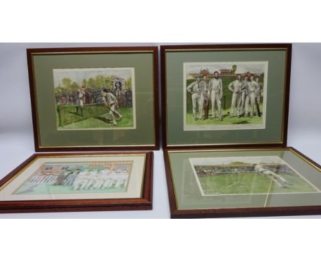Playing Tennis, pair colour prints after Arthur Hopkins 24cm x 31cm, 'Cricket Group of Crack Gentleman Players', colour print