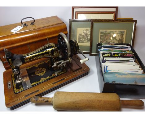 Fristers & Rossmann sewing machine, collection of postcards, large wooden rolling pin and a collection of 19th Century and la