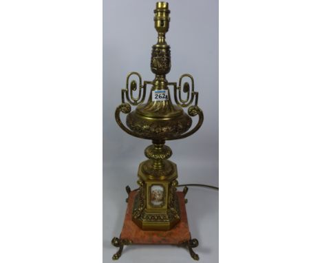 Large urn shape gilded metal table lamp with ceramic panels on marble base (This item is PAT tested - 5 day warranty from dat