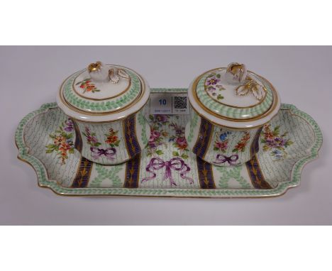 19th/ early 20th Century continental hand painted porcelain encrier/ ink well, possibly German or French with gold Trident st