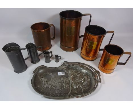 Art Nouveau pewter card tray, stamped 250 probably WMF, set of three copper graduating grain measures and another copper vess
