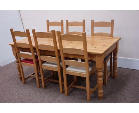 Rectangular pine dining table (180cm x 91cm, H77cm), six beech ladder back chairs