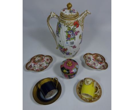 Chelsea style coffee pot, two Dresden dishes, Royal Worcester coffee can and saucer etc  Condition Report Click here for furt