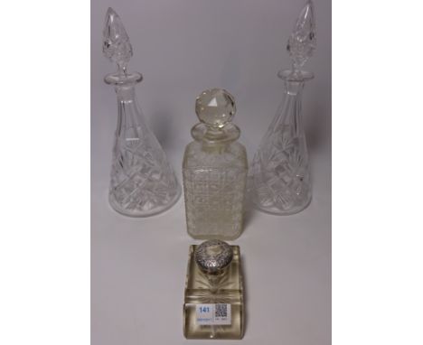 Pair of Harbridge crystal decanters, another decanter and a glass inkwell with silver hallmarked lid (4) Condition Report Cli