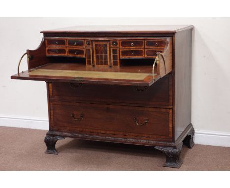 George III mahogany secretaire chest, the moulded rectangular top over cross banded fall flat drawer enclosing fitted marquet