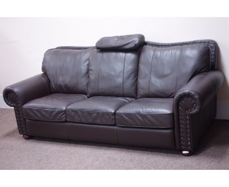 Three seat traditional design sofa upholstered in dark brown leather with studded detail, W225cm