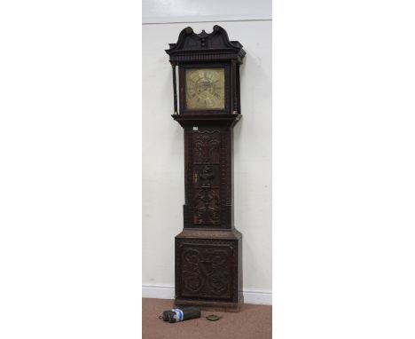 19th century carved oak longcase clock case, with eight day movement, polished brass dial, moon phase and date aperture, sign