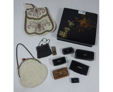 Japanned lacquered box, collection of snuff and other boxes, cheroot cutter, two beaded bags and a chain link purse  Conditio