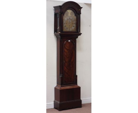 George III figured mahogany longcase clock, eight day movement, chiming pin train (missing bells), subsidiary second dial wit