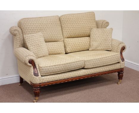 Bridgecraft Vale two seat mahogany framed traditional sofa (W165cm). and matching armchair upholstered in gold fabric Conditi