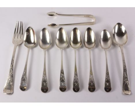 Set of six Georgian silver teaspoons by Peter and Ann Bateman London 1795, Victorian christening fork and spoon by Josiah Wil