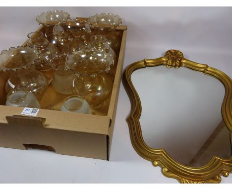 Set of seven glass light shades, another pair, gilt mirror and two table lamps (This item is PAT tested - 5 day warranty from