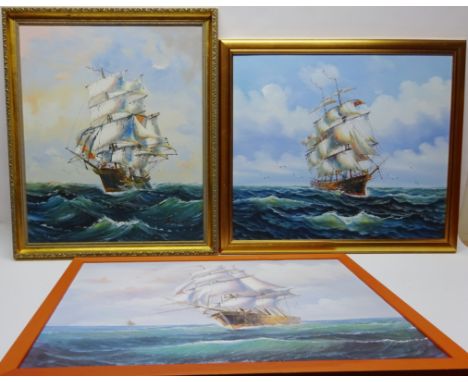 Sailing Ships at Sea, pair oil on board one signed Ambrose and one other colour print max 49cm x 69cm (3) Condition Report Cl