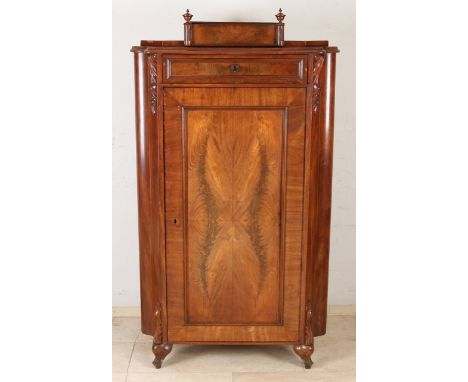 German mahogany Louis Philippe corner cabinet with one door and two drawers.&nbsp;Circa 1860. Light veneer damage.&nbsp;Dimen