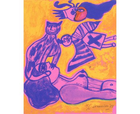 Corneille, '88.&nbsp;1922 - 2010. Figurative representation.&nbsp;Pigeon, woman, cat.&nbsp;Silkscreen on paper.&nbsp;Dimensio