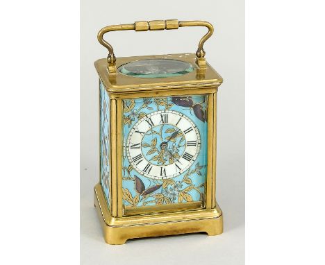 Antique French travel alarm clock with striking mechanism on spiral gong.&nbsp;Brass with cloisonne.&nbsp;Circa 1900. Dimensi