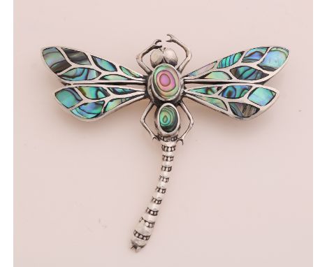 Silver brooch/pendant, 925/000, in the shape of a dragonfly decorated with mother-of-pearl inlay.&nbsp;58x51mm.&nbsp;about 8.