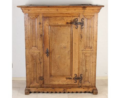 18th century German oak loaf spindle with wrought iron mustache fittings.&nbsp;Original Schnapps lock.&nbsp;Standing on sled 