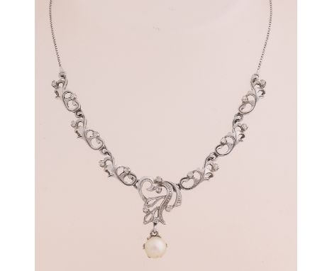 White gold choker, 750/000, with pearl and zirconia.&nbsp;Fine Venetian necklace with in the middle a white gold element with