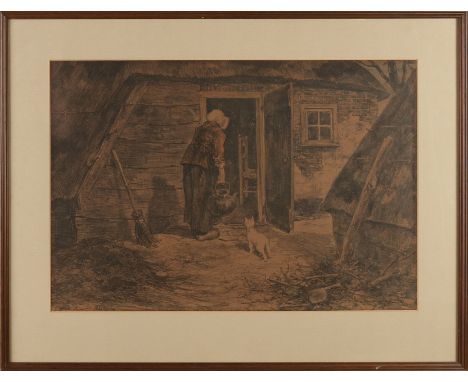 Edward King.&nbsp;1869 - 1954. Farmer woman with cat at farm.&nbsp;Lithograph on paper.&nbsp;Dimensions: H 37 x W 53 cm.&nbsp