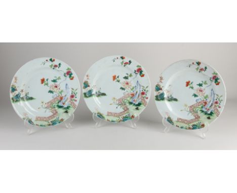 Three rare 18th century Chinese porcelain Family Verte plates with garden/crane decor (enamel).&nbsp;Hairlines + chips.&nbsp;