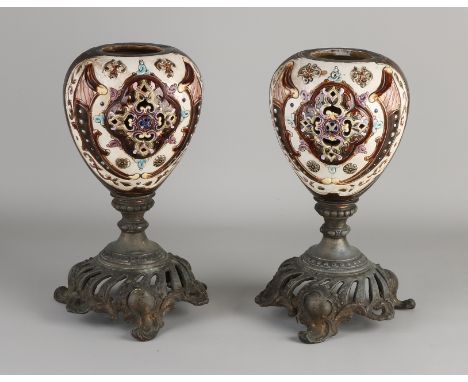 Two antique Majolica jars (lamp bases).&nbsp;With composition metal base.&nbsp;Historicism.&nbsp;Circa 1880. Dimensions: H 28