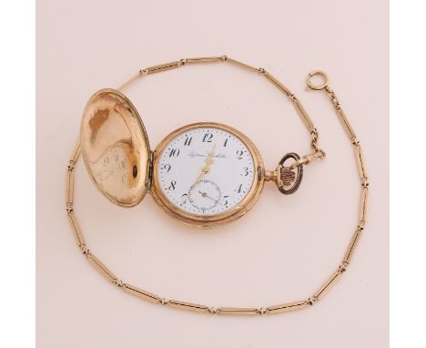 Yellow gold pocket watch with chain, 585/000.&nbsp;Pocket watch with protective cover, with guilloche finish.&nbsp;Equipped w