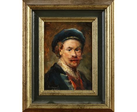 T. Ancone, Oldenzaal.&nbsp;Portrait Rembrandt van Rijn.&nbsp;Oil paint on panel.&nbsp;Dimensions: H 18 x W 13 cm.&nbsp;In goo