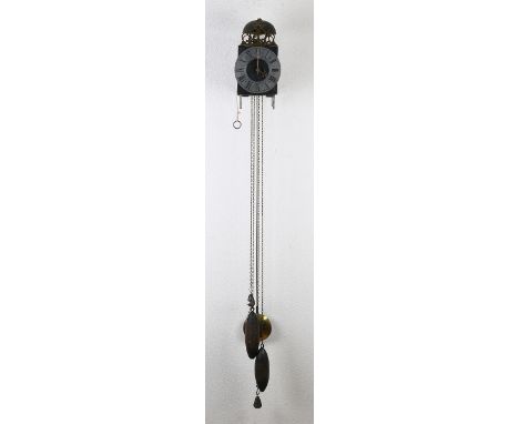 18th century French lantern clock with anchor escapement and four weights, chair + pendulum.&nbsp;(two trains).&nbsp;Dimensio